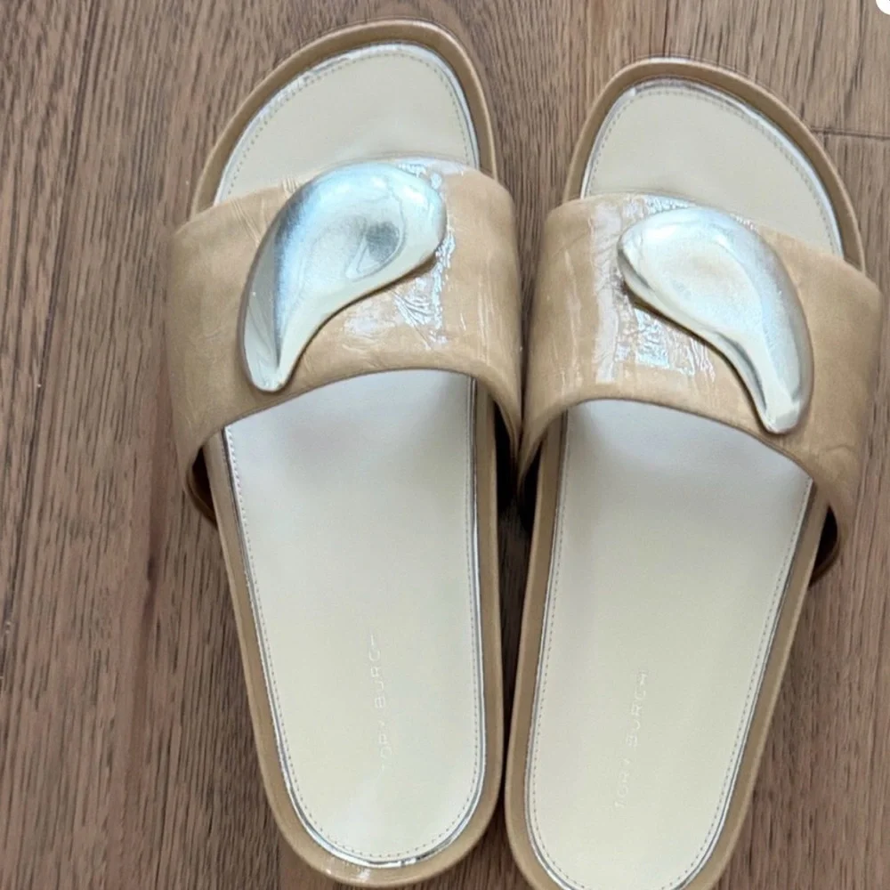 Tory Burch Patos Tan Slide Sandals with Silver Accent - 8.5